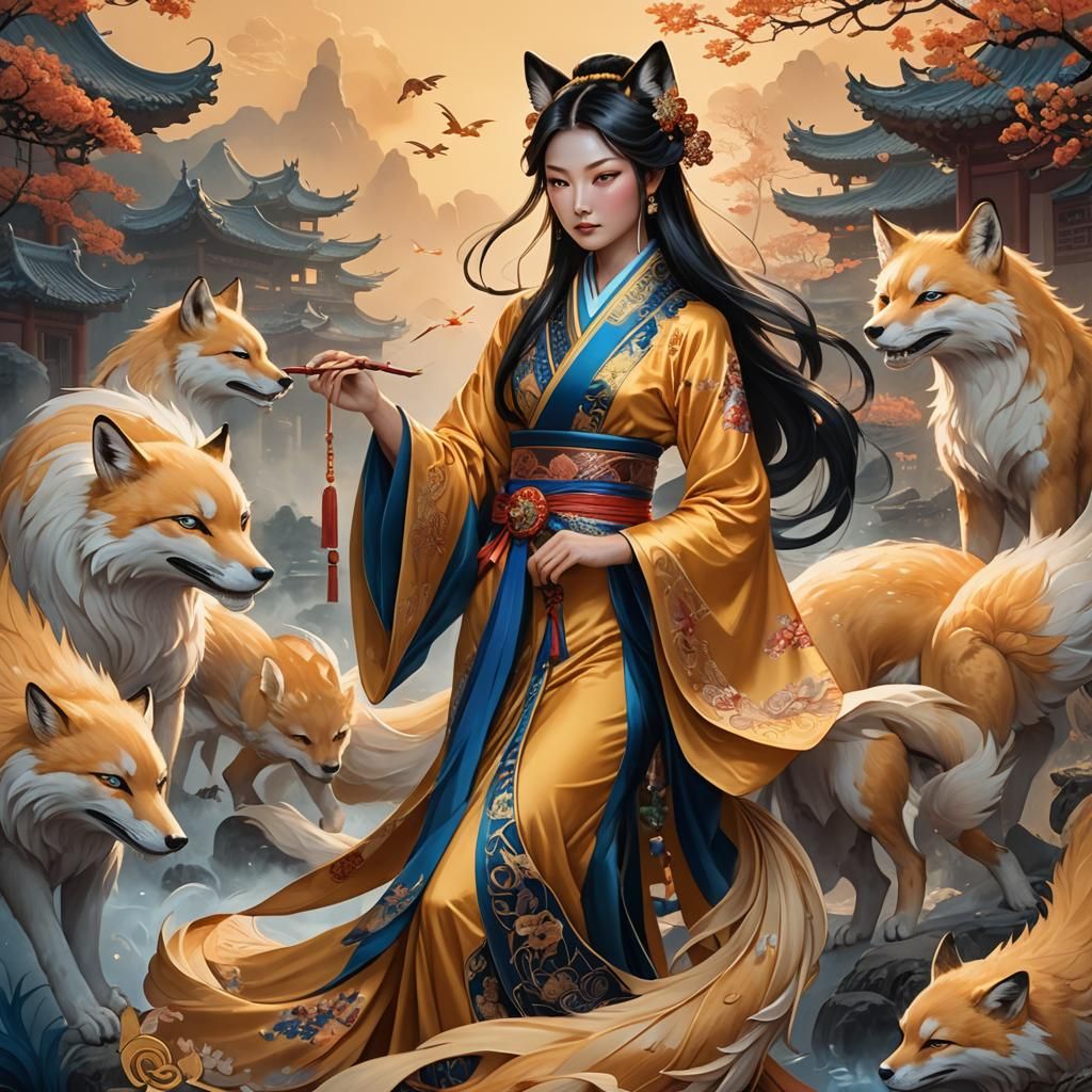 Kitsune Woman in Chinese Dress with Nine Tails