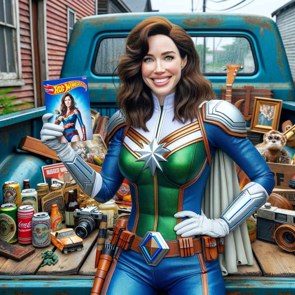 Superheroine Shows Off Her Collectibles