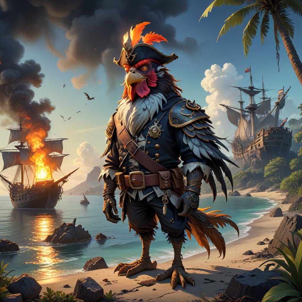 Gothic Pirate Rooster on Haunted Island, in 2D Cartoon Style