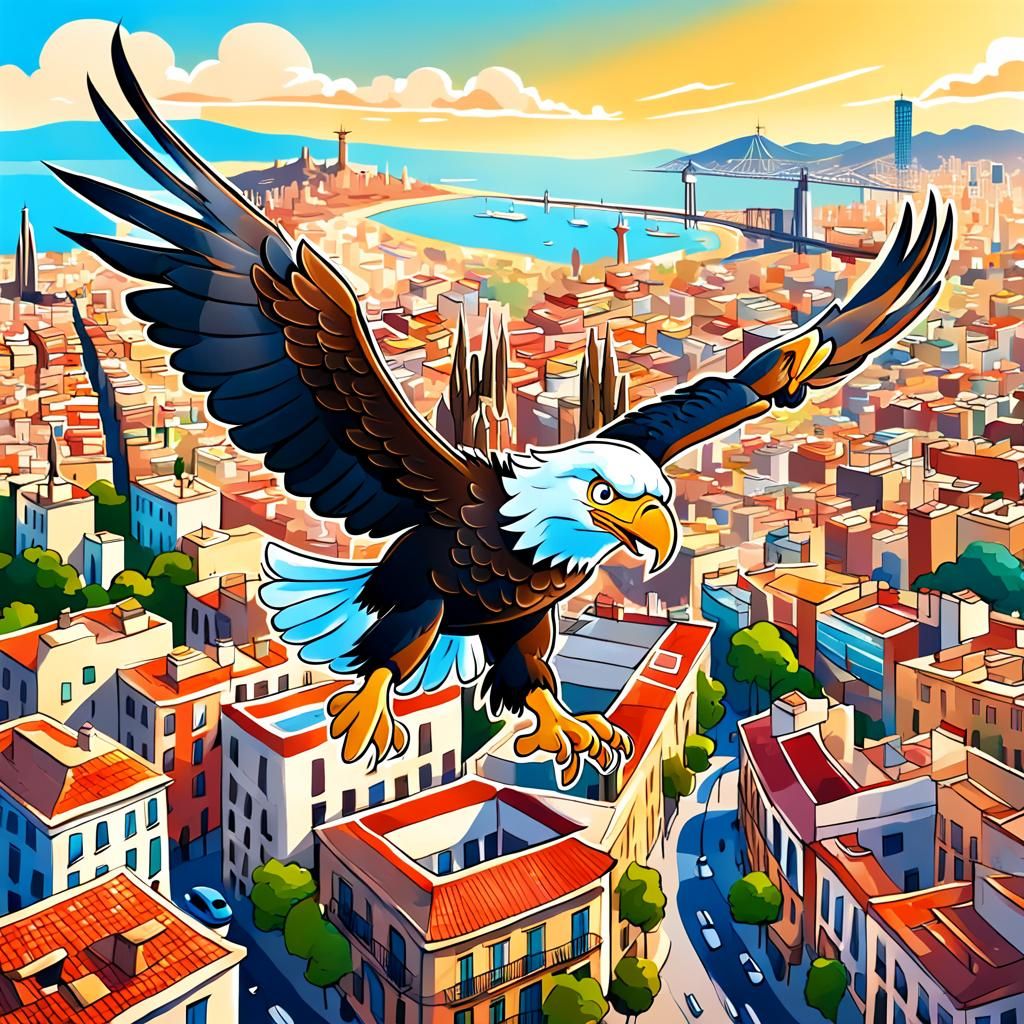Cartoon Eagle Flying Over Barcelona, Spain