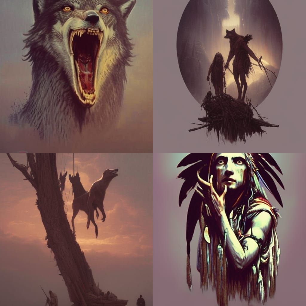 Wolves and Eagles Around Teepees in Horror Style
