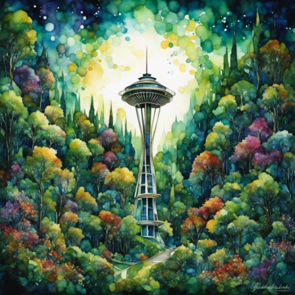 Seattle Space Needle in Romantic Watercolor Style