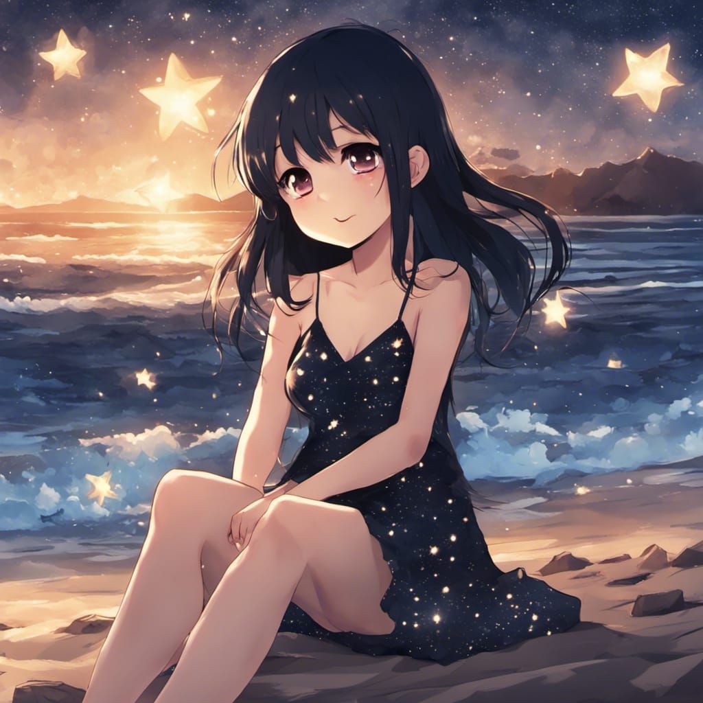 Chibi Girl in Starry Dress at Night Beach
