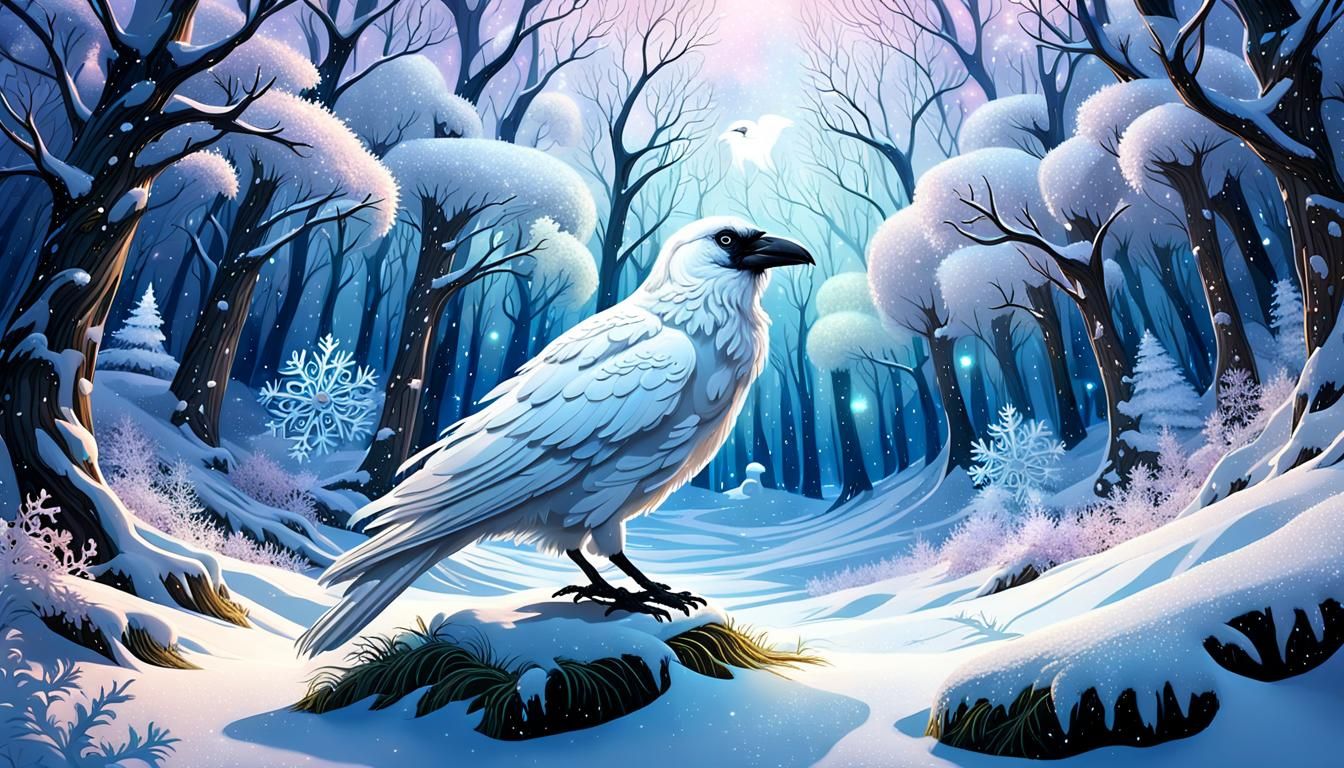 White Raven in Mystical Snowy Forest