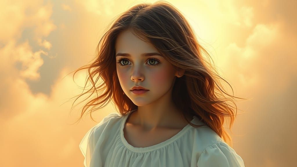 Girl Embracing Radiant Light in Ethereal Cloudscape