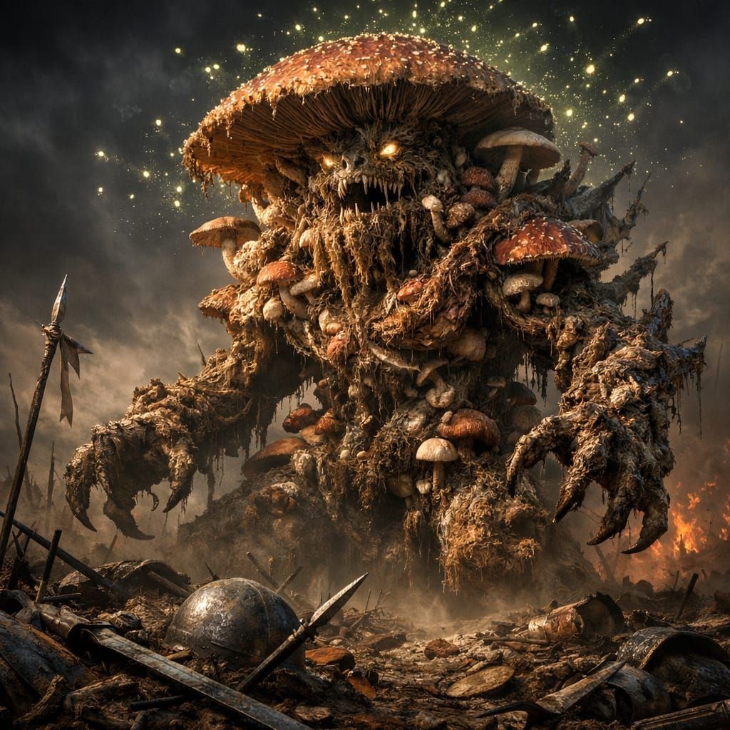 Fungal Behemoth Rises from Battlefield in Photorealistic Sty...