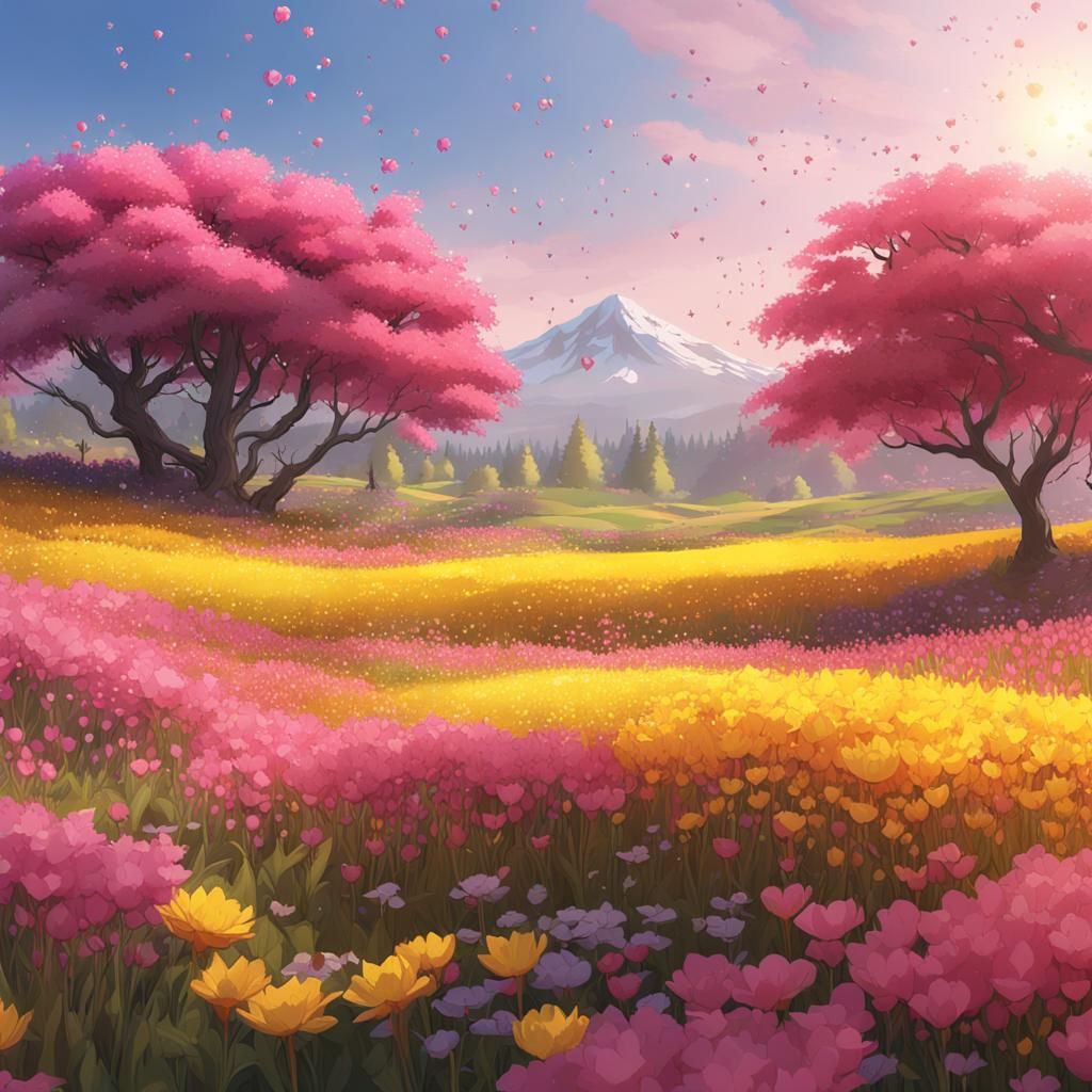Lush Meadow with Anime-Style Flowers and Trees