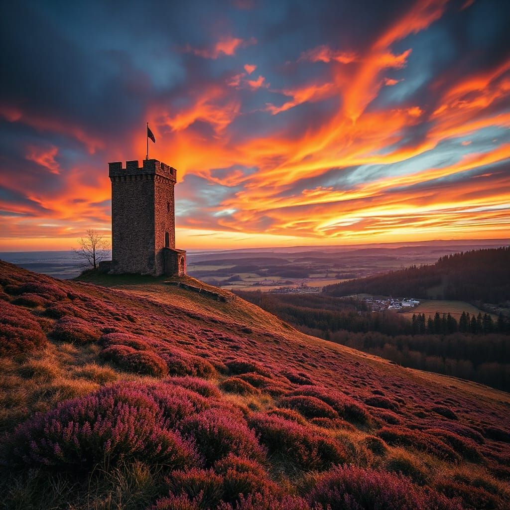 Medieval Epic Landscape Painting: Watchtower on Heathered Hi...