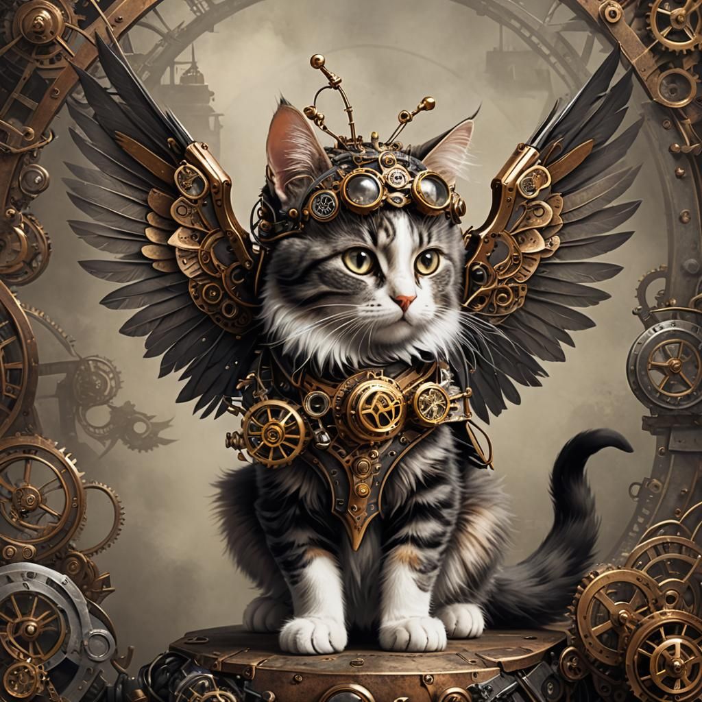 Steampunk Winged Cat with Mechanical Details