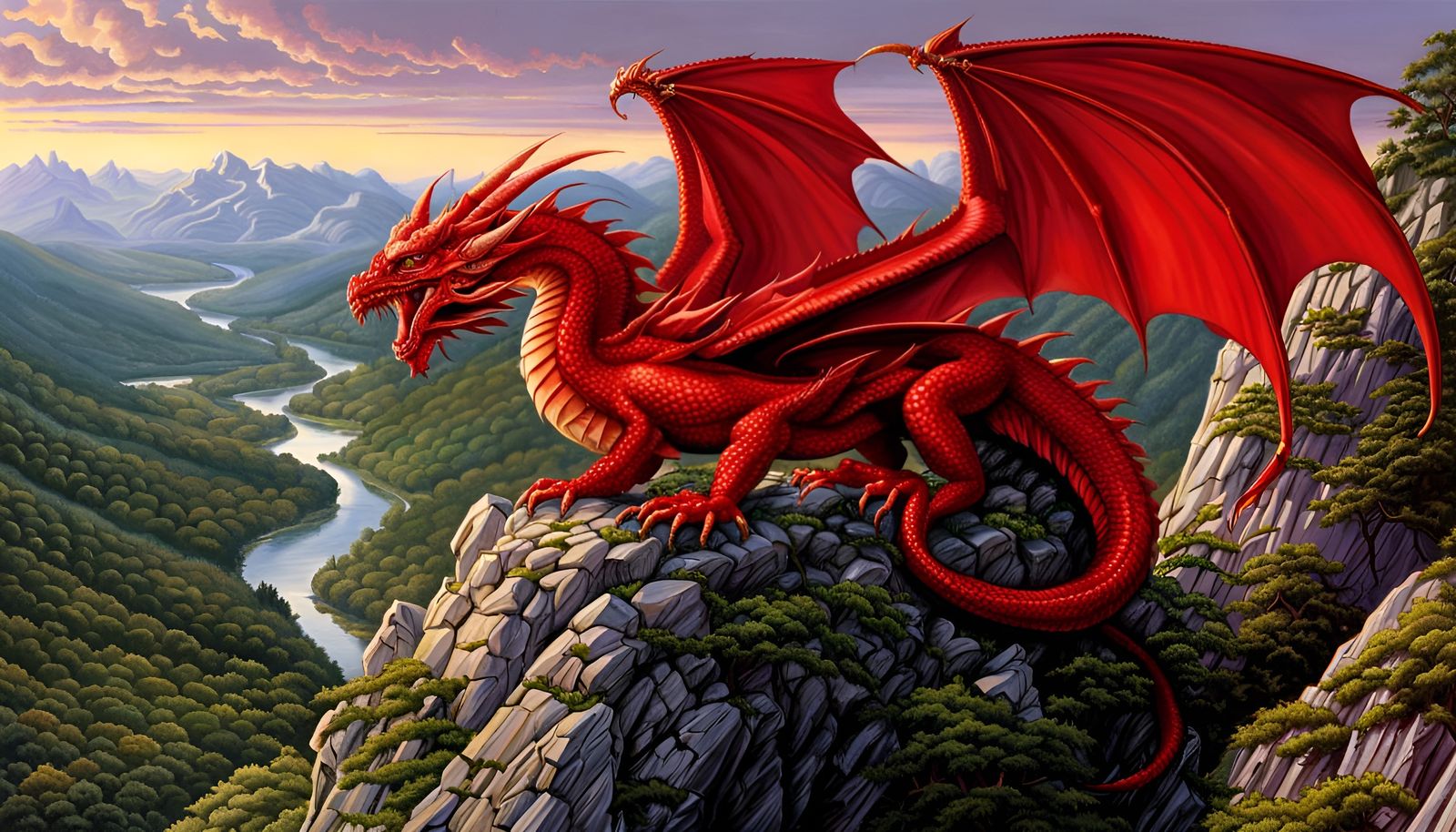 Red Dragon Perched on Mountain: 90s Fantasy Art