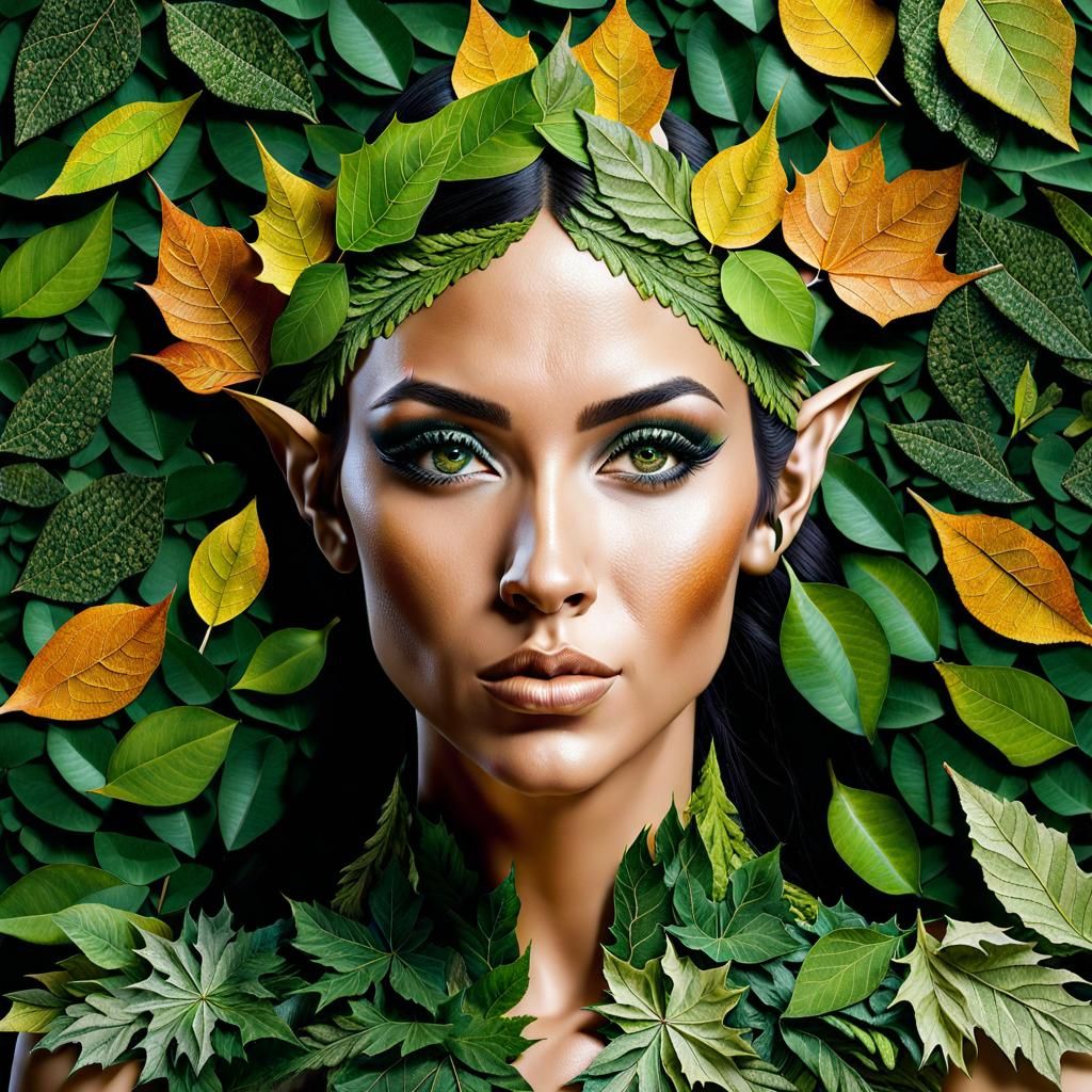 Composite Leaf Mosaic Portrait of an Elf Woman