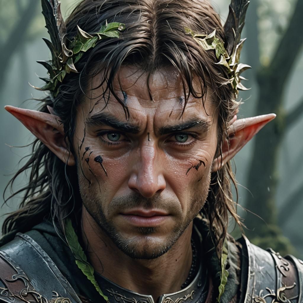 Elfin Warrior Crying: Emotional Close-Up Portrait