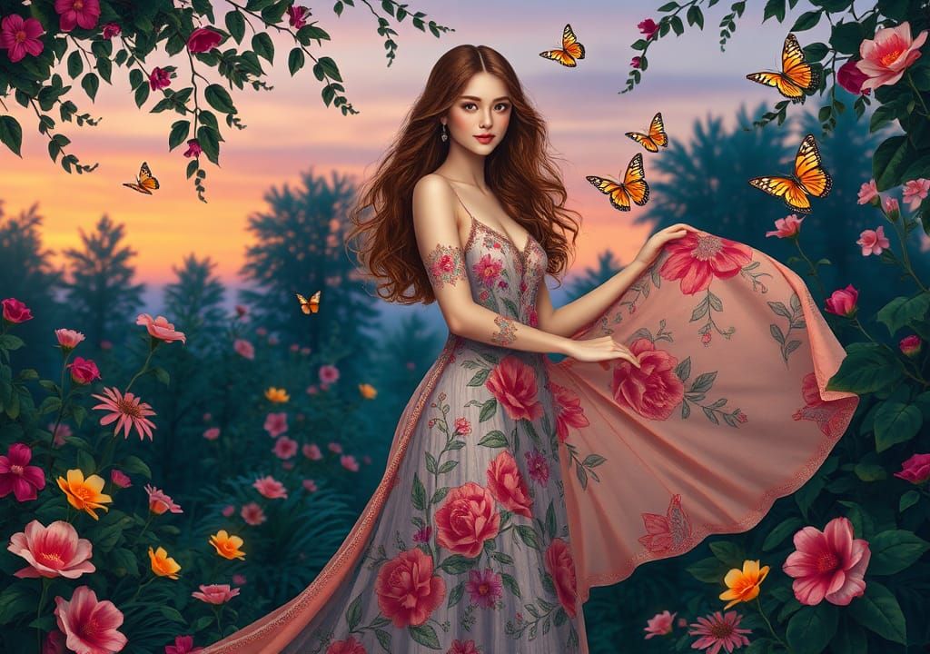 Enchanting Woman in Twilight Garden, Arts and Crafts Style
