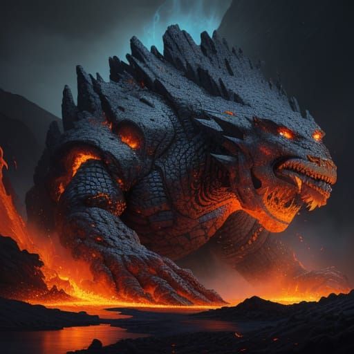 Gigantic Flame Titan with Lava Rivers and Miniature Volcanoe...