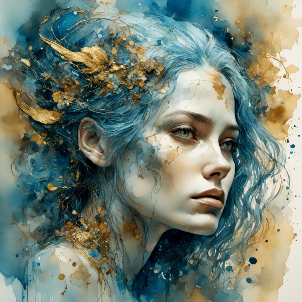 Blue-Haired Woman Portrait in Surreal Watercolor Style