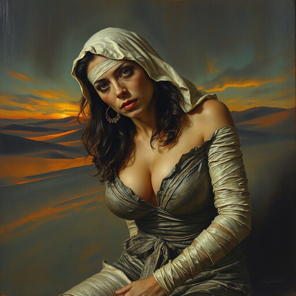 Voluptuous Egyptian Mummy in Desert Night Horror Scene