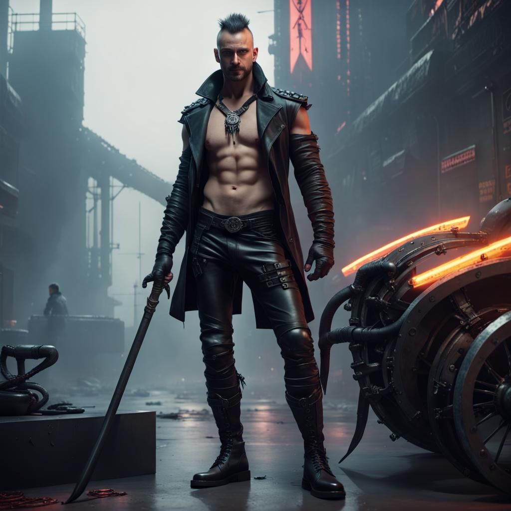 Beefy Goth Man with Scythe in Cyberpunk Style