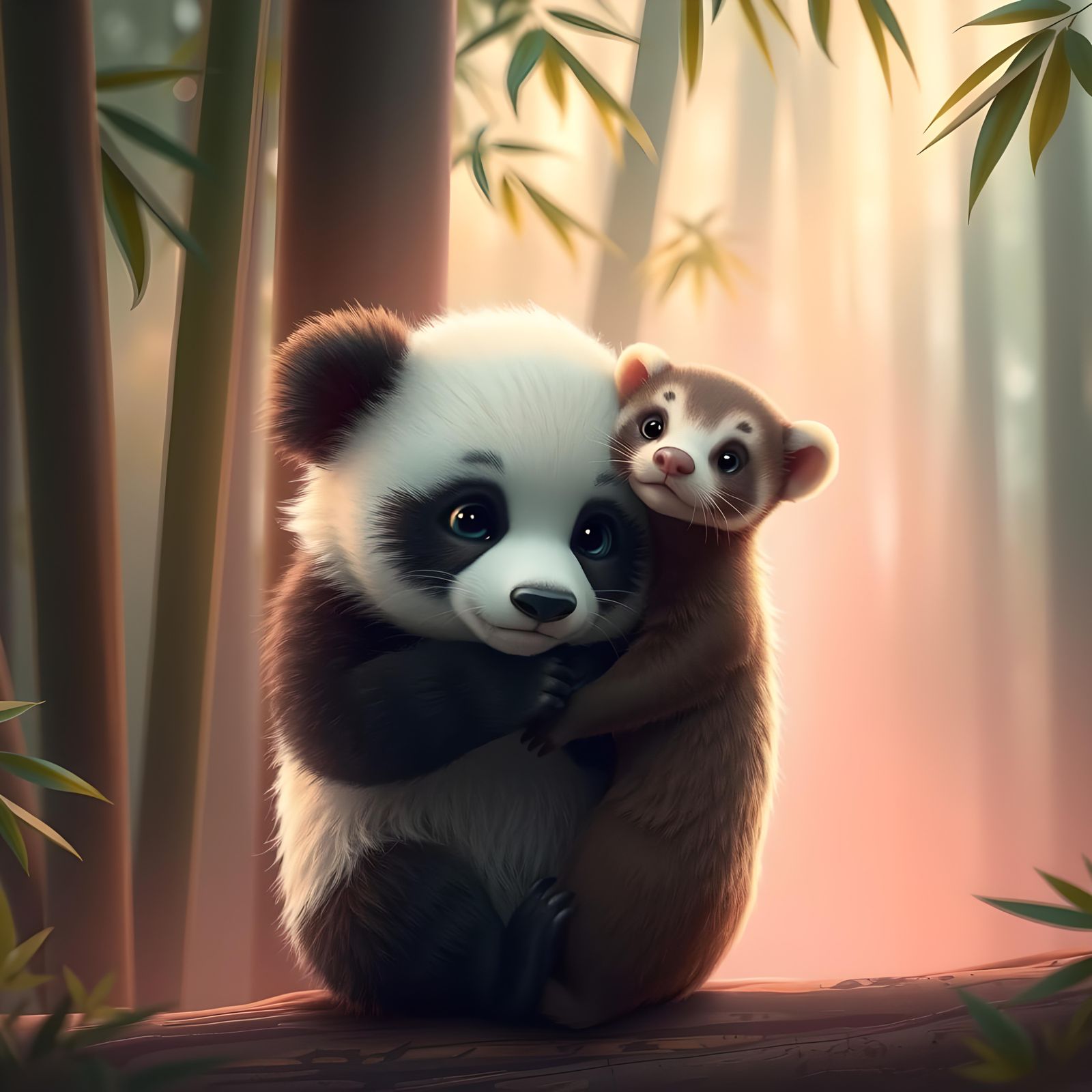 Baby Panda Cuddling Ferret in Bamboo Forest