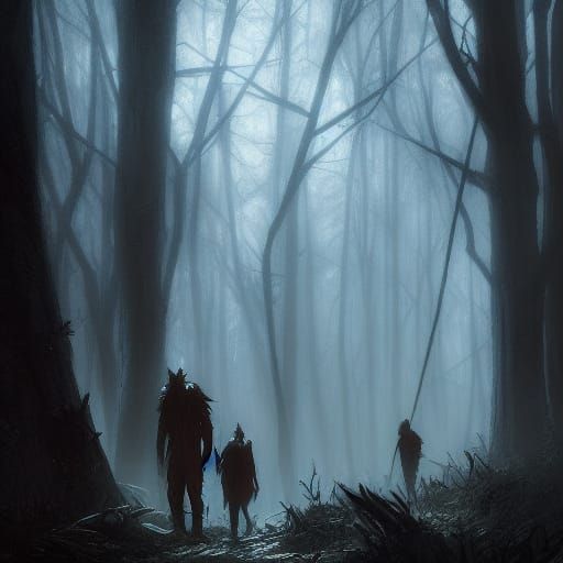 Tree People Emerge from Dark Woods