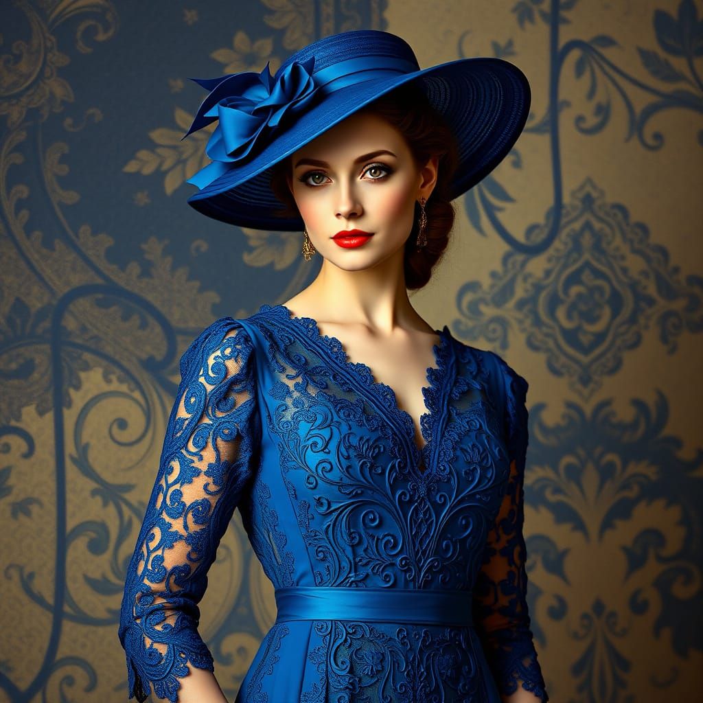 Elegant Woman in Blue Dress, Art Nouveau Style