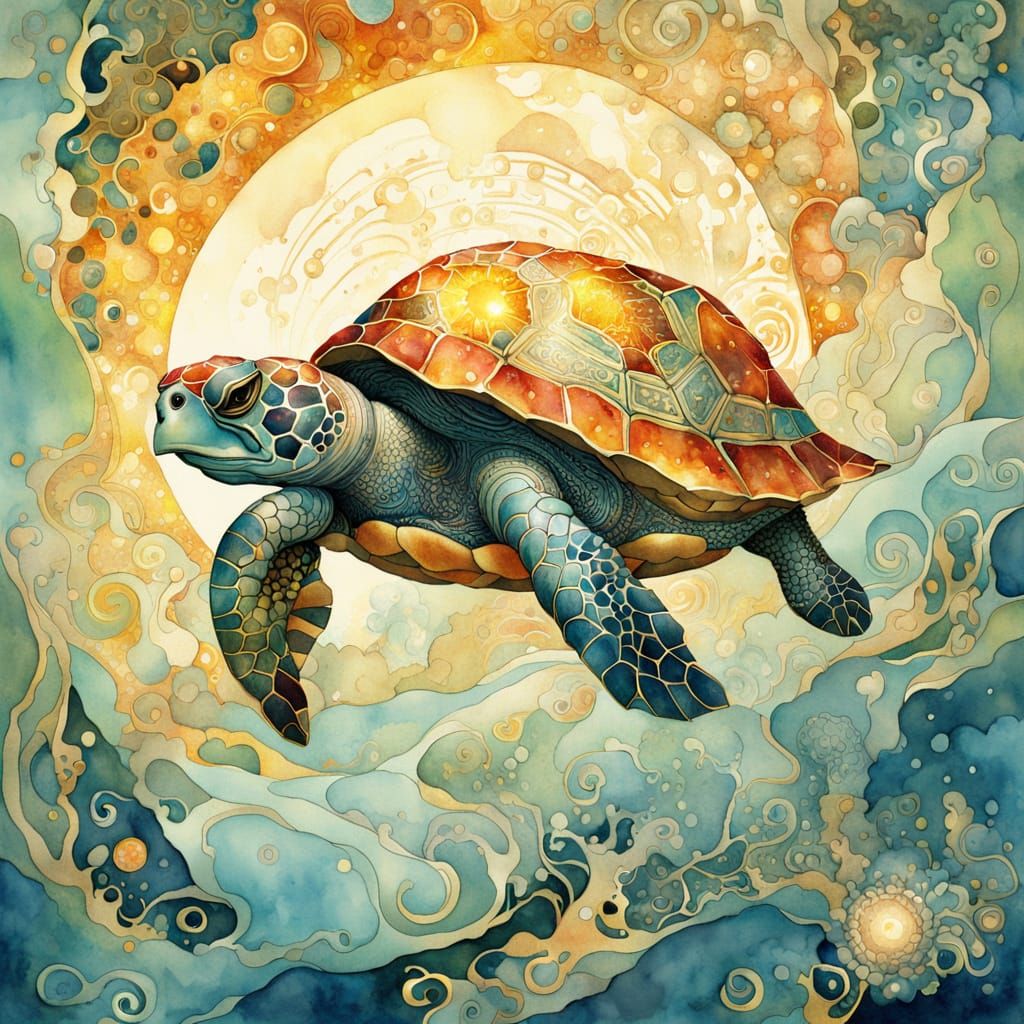 Glowing Turtle Watercolor Painting with Ornate Details