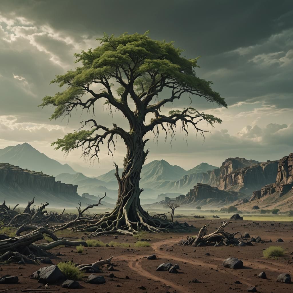 Towering Green Tree in Desolate Landscape