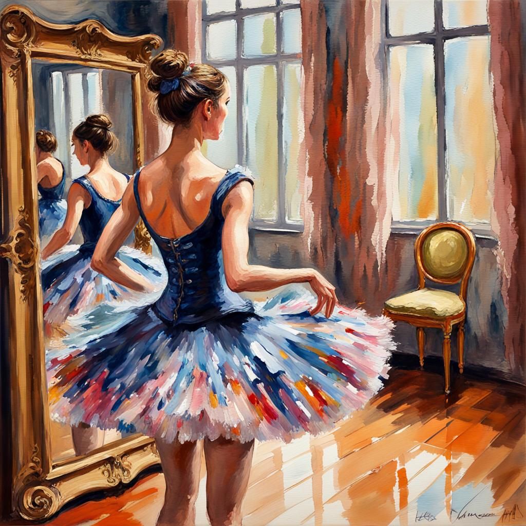 Ballerina Dancing in Hall of Mirrors as Impasto Gouache
