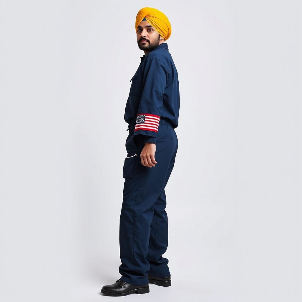 Person in Jumpsuit with American Flag and Turban