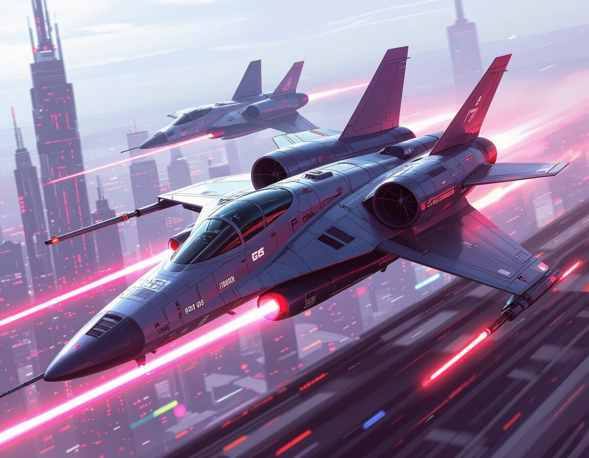 Futuristic F/A-3100 Starfighter in Neon Sci-Fi Landscape