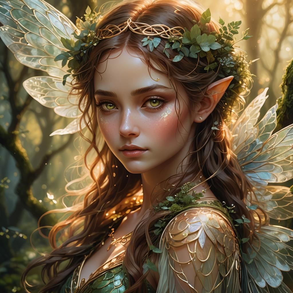 Fae-Girl Portrait with Opalescent Wings in Ethereal Style