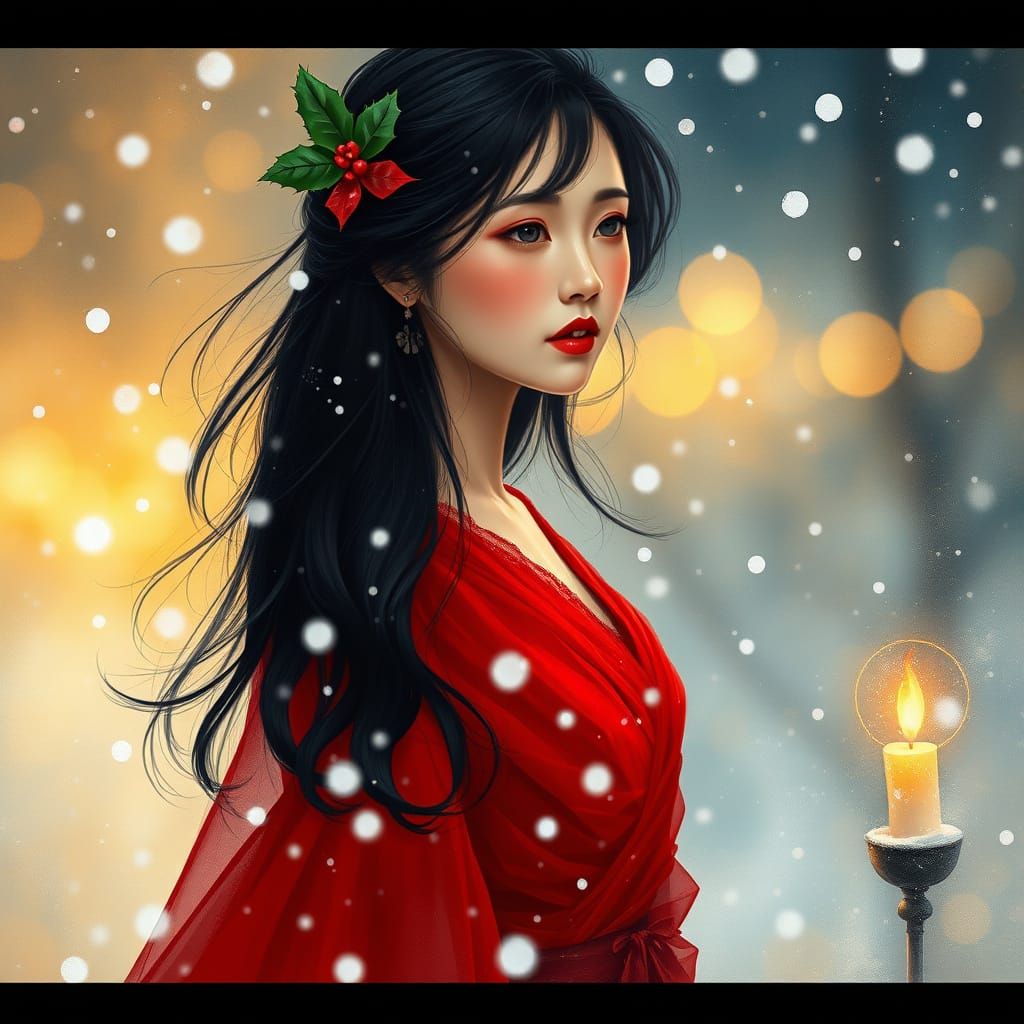 Asian Woman in Red Gown Amidst Whirlwind of Snowflakes in Dr...
