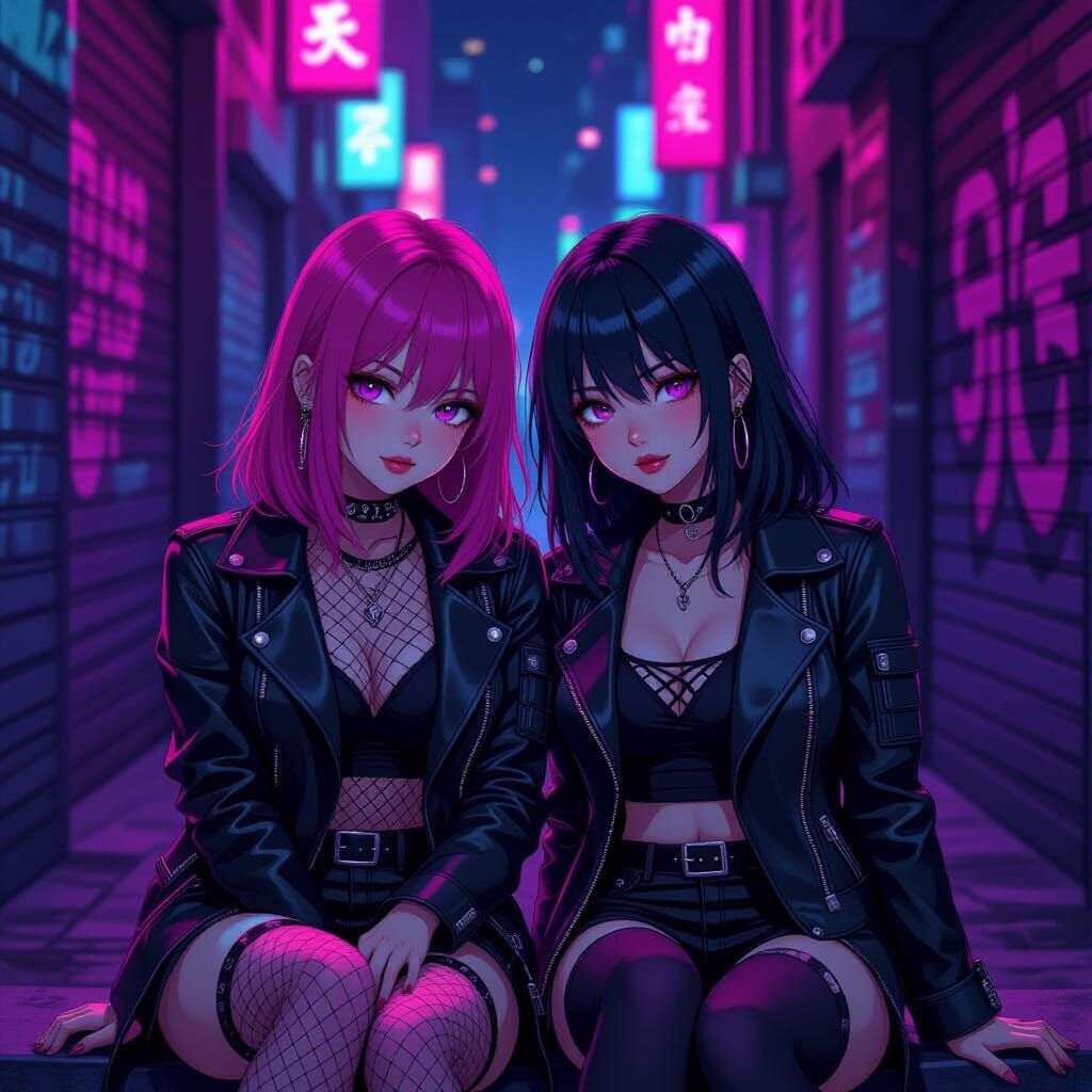 Anime Goth Friends in Neon City Alley