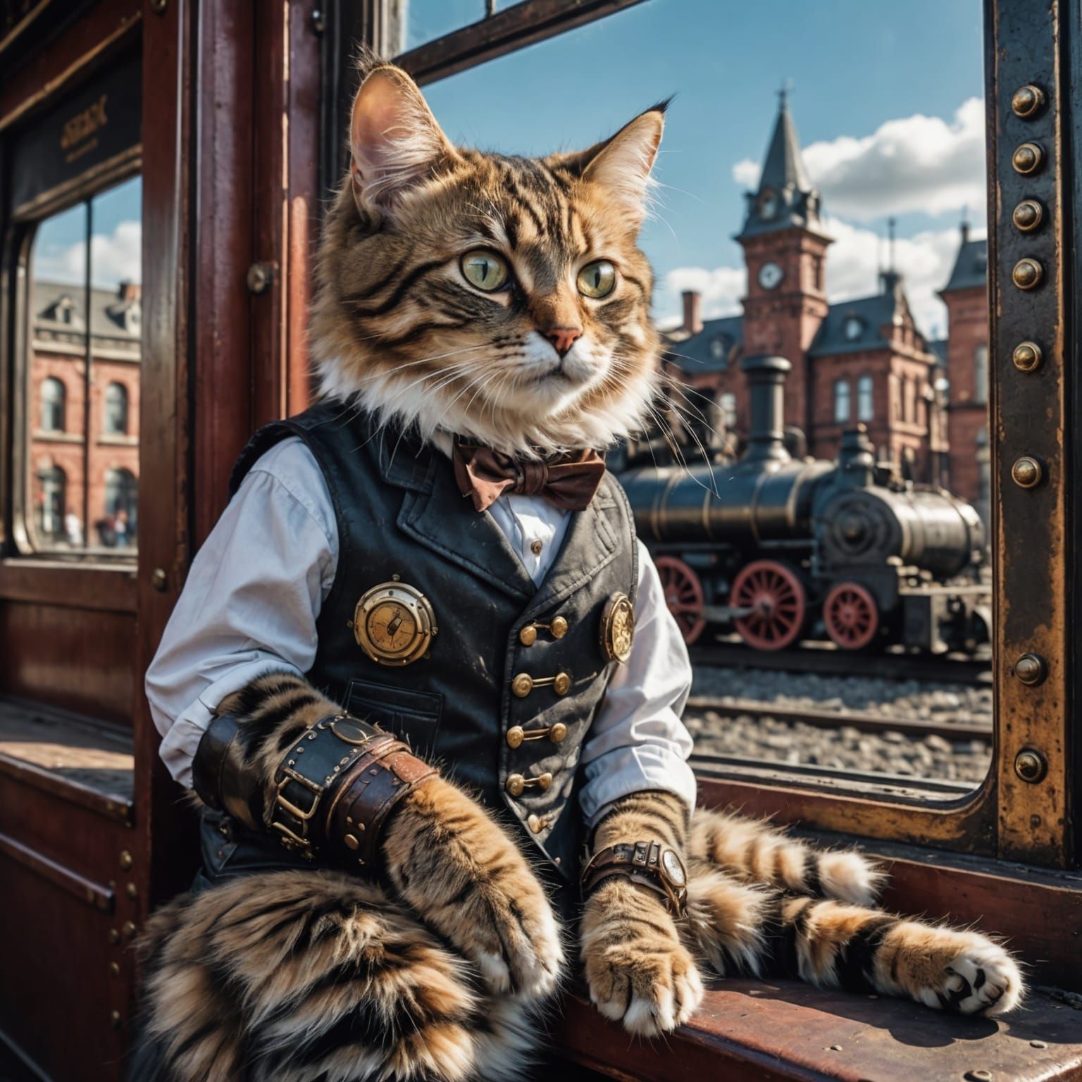Steampunk Cat in Cityscape: Detailed 8K Render
