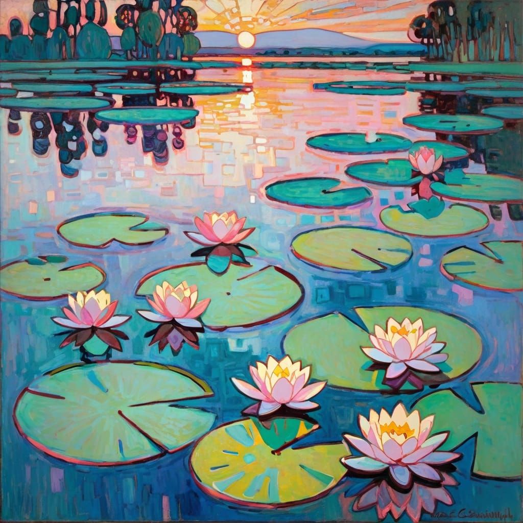 Pink Water Lilies at Sunset, Impressionist Style