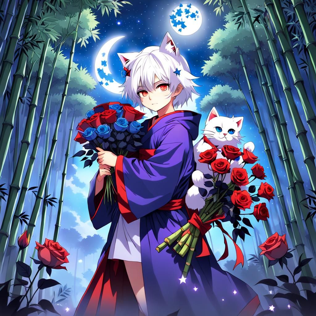 Anime Baby Boy with Cat Ears in Bamboo Forest