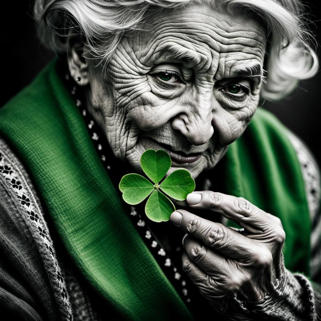 Charming Portrait: Old Woman and Girl with Clover