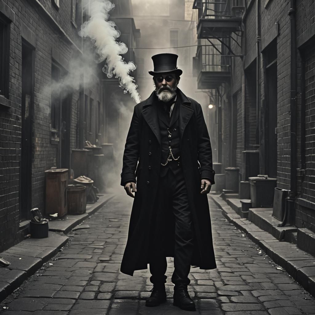 Steampunk Man with Eye Patch in Dimly Lit Alley