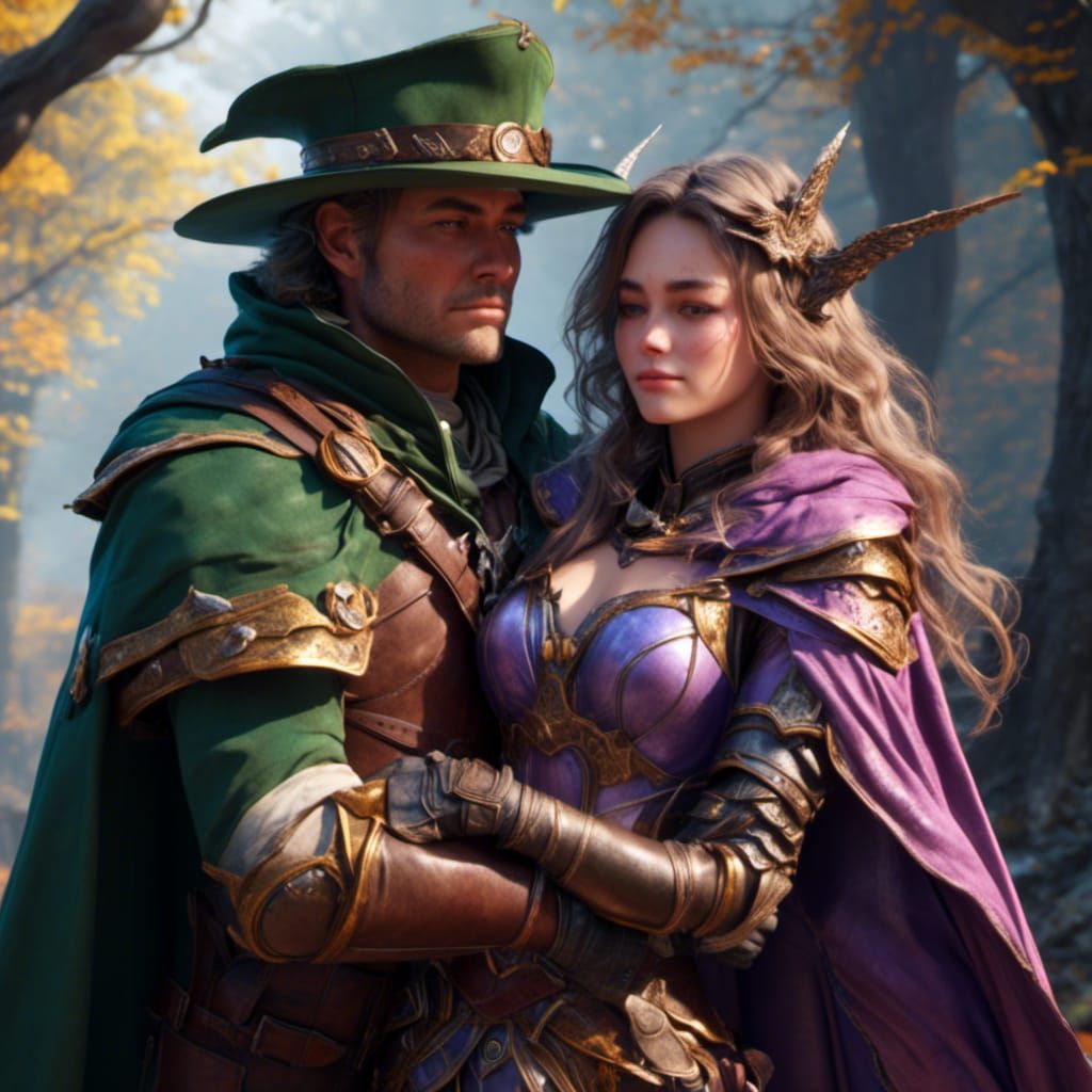 Ranger and Wizard Embrace in Detailed Fantasy Art