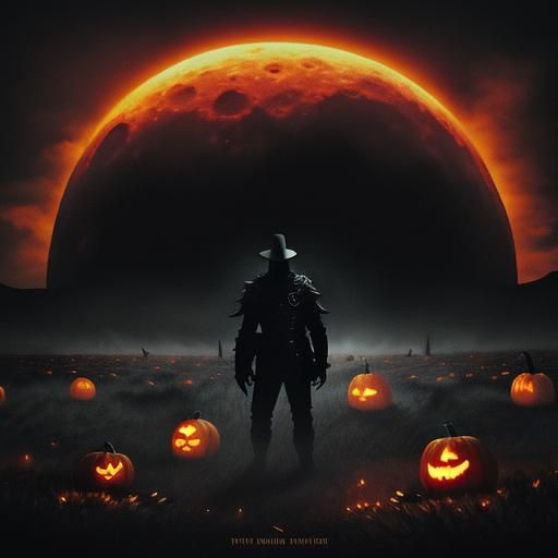 Lava Man in Pumpkin Field: Dark Fantasy Illustration