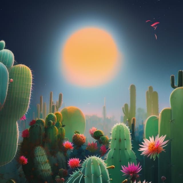 Cyberpunk Cactus with Flowers at Dusk