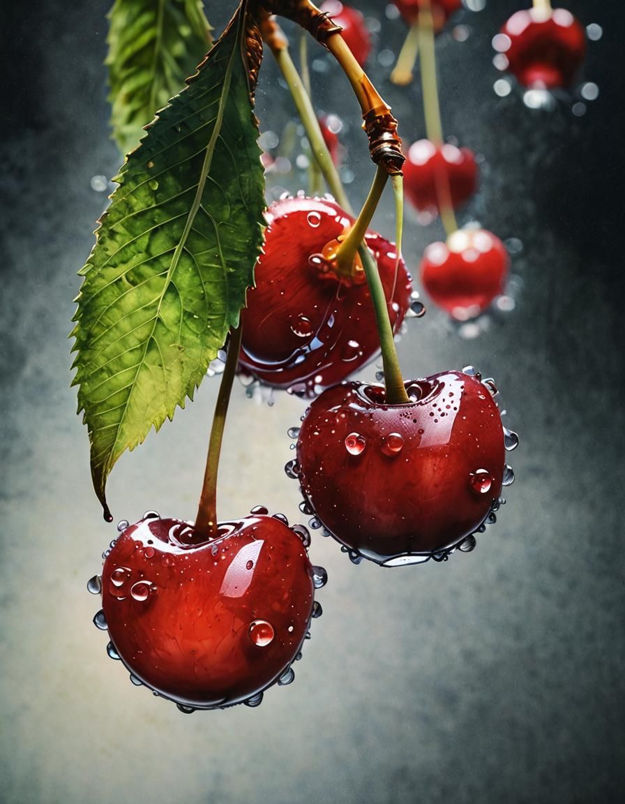 Hyperrealistic Cherries in Watercolour with Condensation
