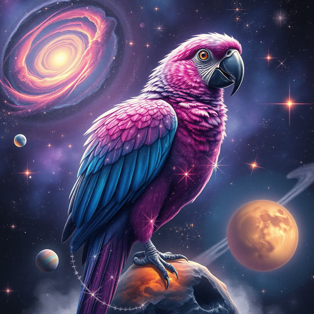 Cosmic Parrot with Iridescent Plumage in Holographic Style