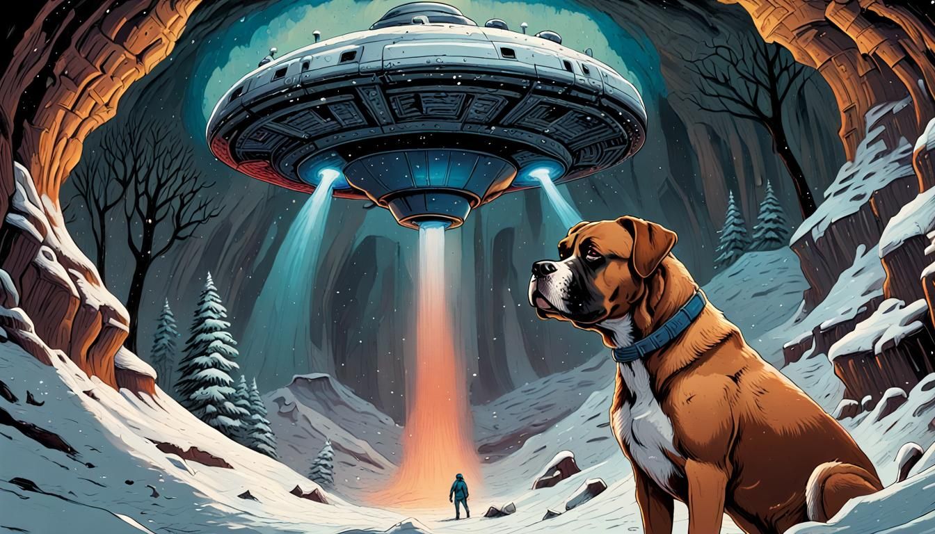 Dog-Headed Man and UFO in Comic Book Style