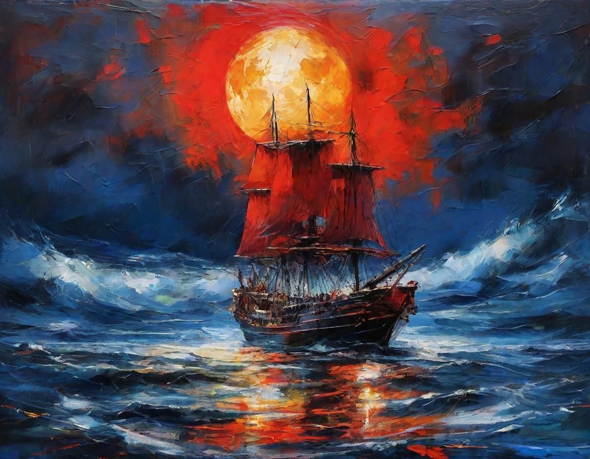 Red Sailing Ship Under Halloween Moon as Impasto Oil Paintin...
