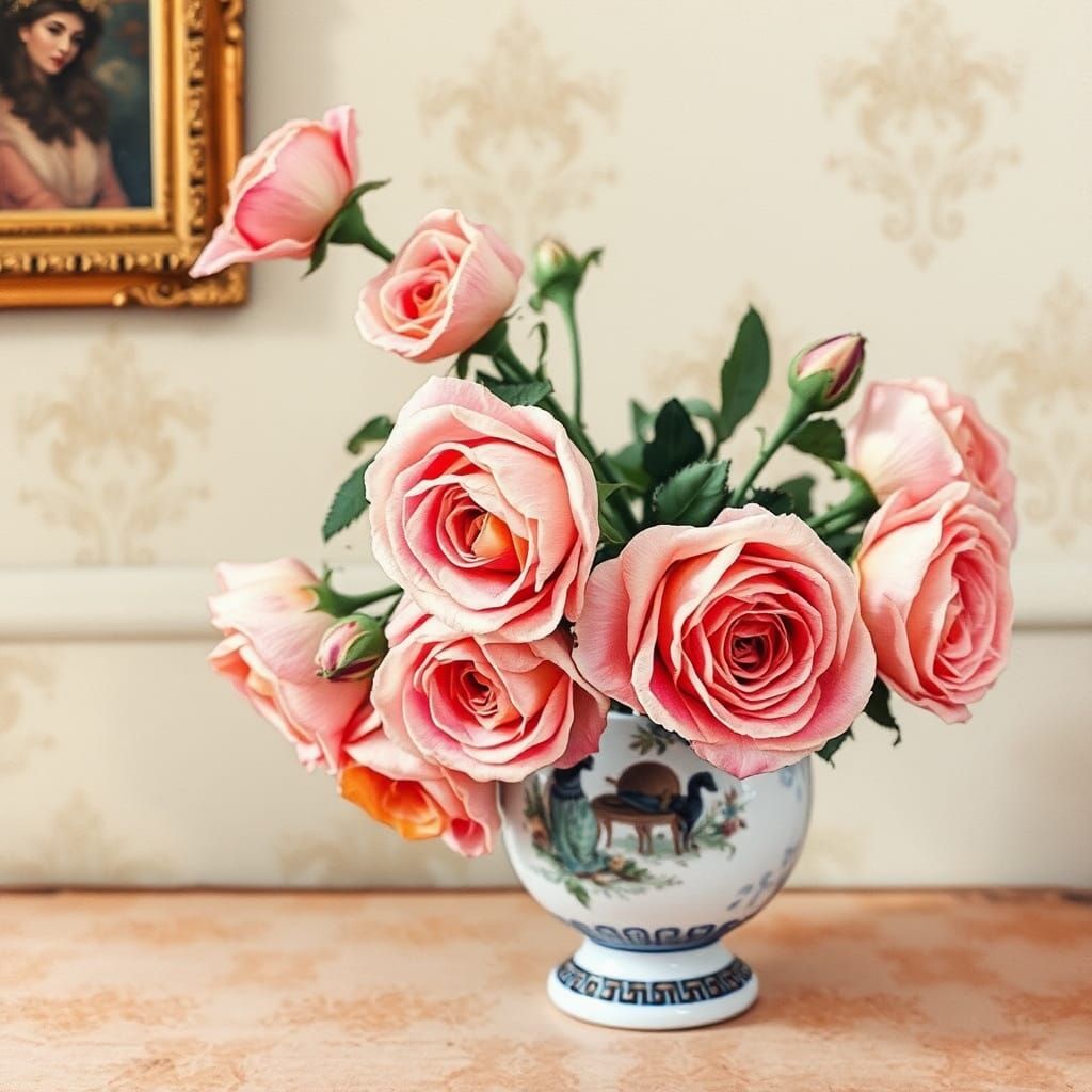 Pink and Orange Roses in Porcelain Vase