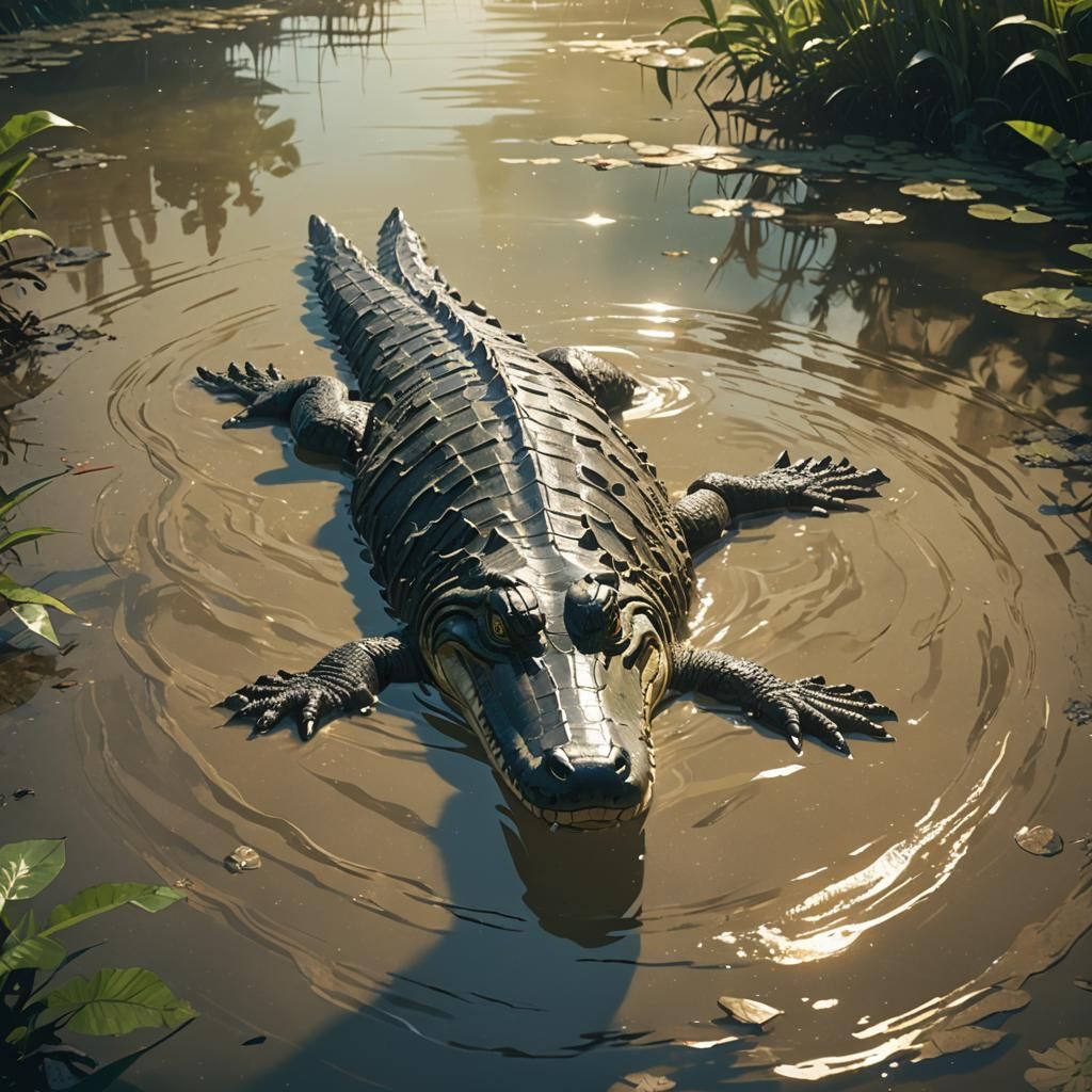 Alligator Swimming in Murky Water, Anime Style