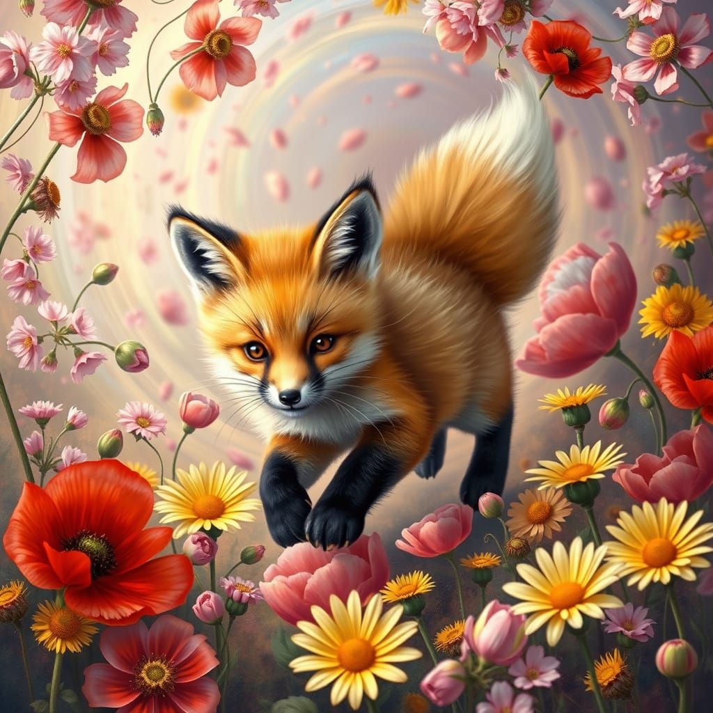 Vibrant Fox in a Whirlwind of Colorful Flowers, Highly Detai...