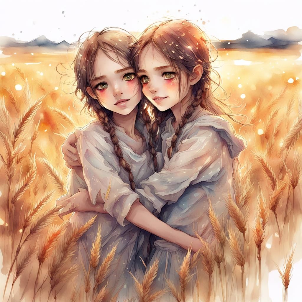 Chibi Sisters Hugging in Wheat Field, Watercolor Art