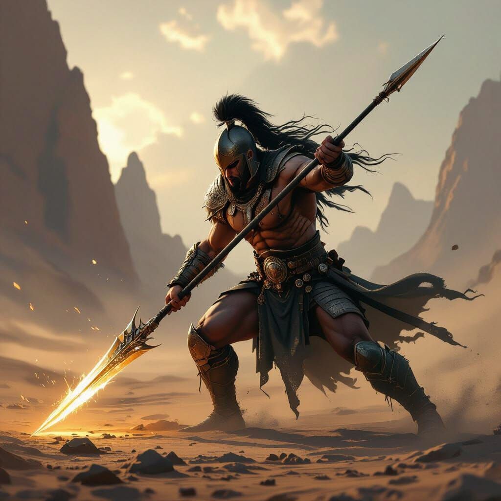 Warrior with Spear on Windswept Plain in Concept Art Style