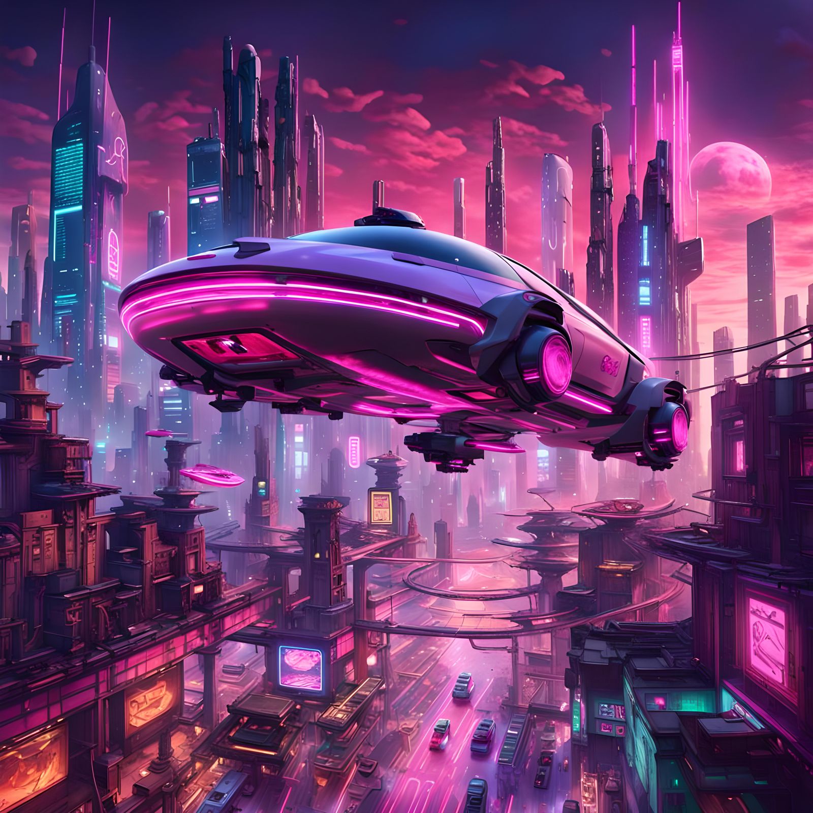Cyberpunk Hovercar Glides Through Neon Cityscape